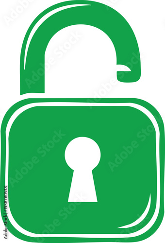 Green open padlock with white keyhole on a transparent background unlocked security