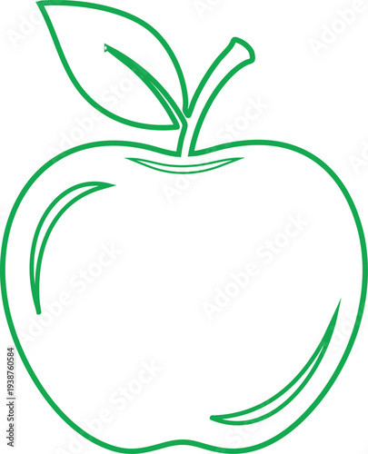 Green outline of a single apple with one leaf and stem on a white background fruit