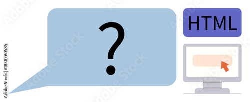 Web development, coding, online learning, technical support, problem-solving, FAQ. Speech bubble with a question mark beside HTML text and computer icon. Web development and coding concepts