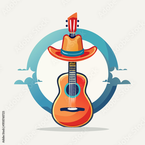 Guitar with Cowboy Hat in Circle of Clouds Illustration.