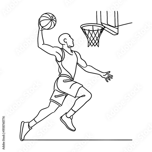 Basketball Dunk Player, Black silhouette of a basketball player jumping towards hoop with ball.