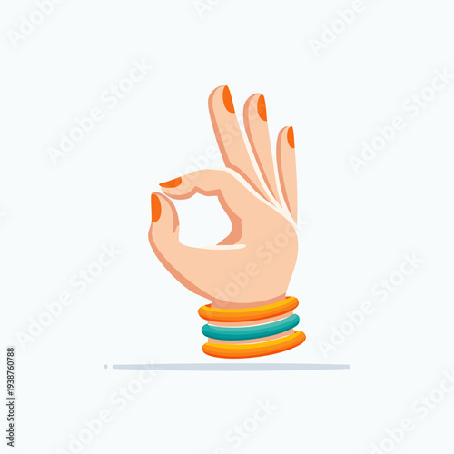 Hand gesture showing okay sign with orange nail polish and bracelets.