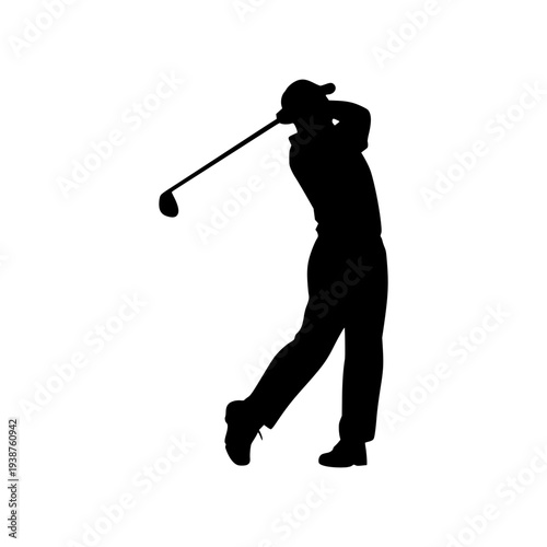 Golfer Swinging Club, Black silhouette of a golfer mid-swing with a raised club.
