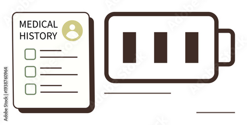 Healthcare records, patient tracking, energy levels, wellness monitoring, medical data, lifestyle analysis. Medical history form and a half-full battery symbol. Healthcare records and energy levels