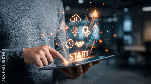 Hand Touching Start Button for Business Innovation and Project Launch