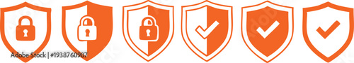 Orange Shield Representing Security and Protection with Locks and Checkmarks