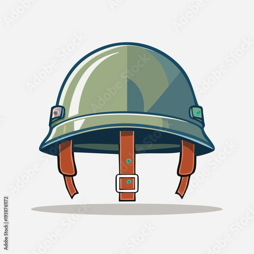Military helmet illustration with straps and buckle.