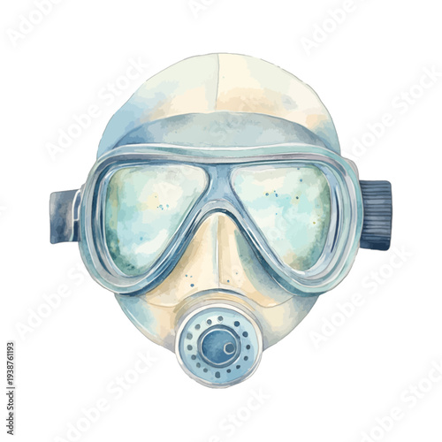 Watercolor Vintage Scuba Diving Mask with Goggles and Breathing Valve Clipart