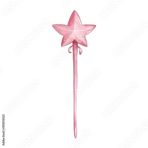 Watercolor Pink Magic Wand with Star and Ribbon Clipart Isolated