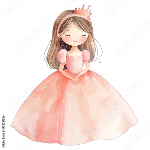 Watercolor Little Princess Illustration in Pink Ball Gown with Crown
