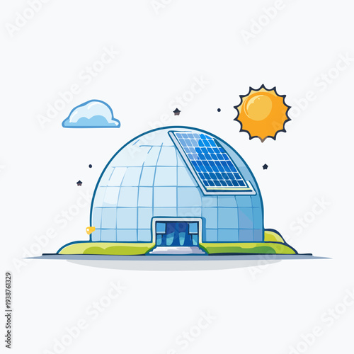 Modern geodesic dome building with solar panels on roof under sun and clouds.