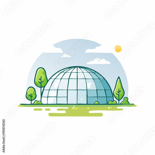 Modern Glass Dome Building with Green Trees and Sunny Sky.
