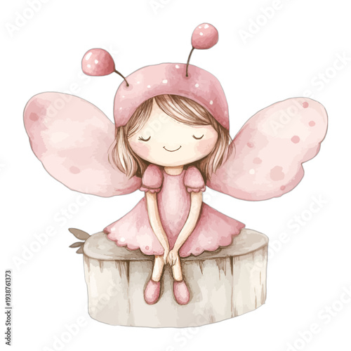 Watercolor Fairy Girl with Pink Butterfly Wings Sitting on Tree Stump