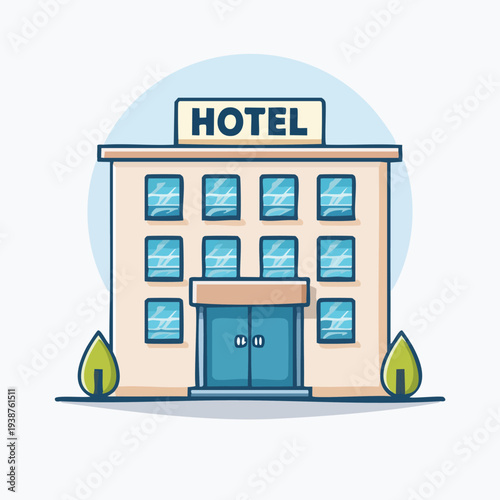 Modern Hotel Building with Blue Windows and Doors.