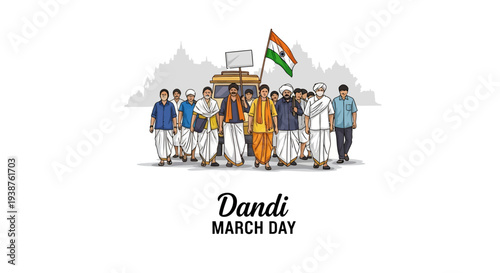Illustration of Mahatma Gandhi leading a historical protest march with followers on Dandi March Day, a significant event in India's freedom struggle against a clean white background with
