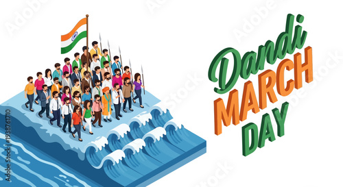 Illustration of a diverse crowd of people marching on water with the Indian flag, commemorating Dandi March Day with a vibrant and patriotic mood.