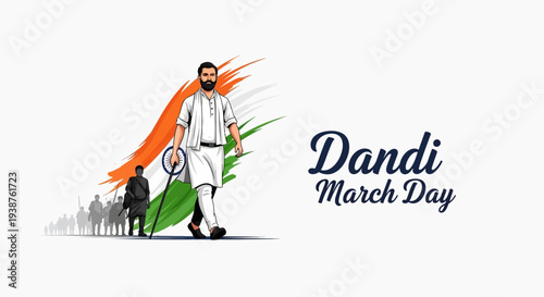 Illustration of Mahatma Gandhi walking with followers on Dandi March Day, a historical protest march during the Indian independence movement with a vibrant, patriotic color scheme.