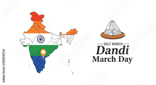 Illustration of a map of India with the Indian flag colors and a Dandi March Day logo, symbolizing the Salt March and Indian independence movement.