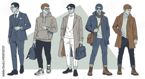 Illustration of stylish men in various outfits and accessories
