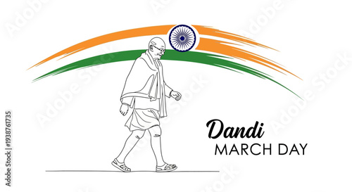 Illustration of Mahatma Gandhi walking in protest with Indian flag colors in the background on Dandi March Day.