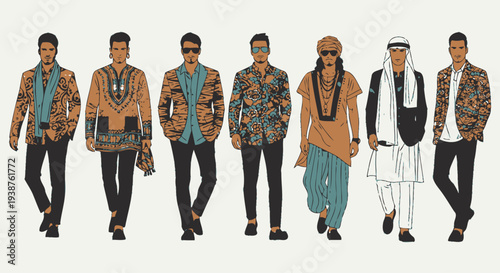 Men in traditional and modern clothing walking in a line