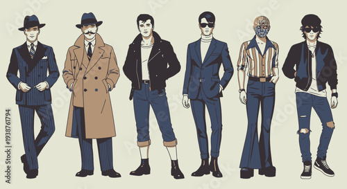 Men in fashion styles menswear character vector illustration
