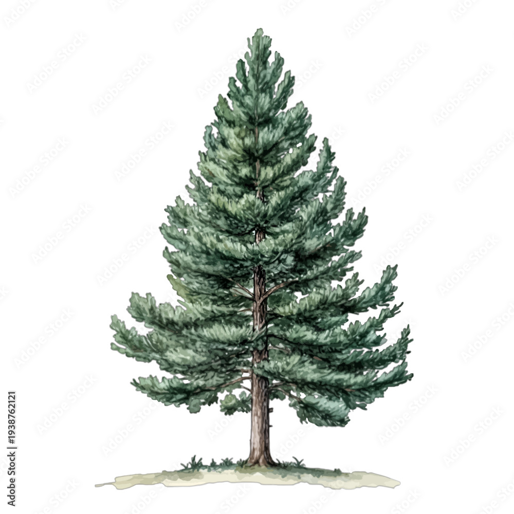 Fototapeta premium Watercolor Austrian Pine tree illustration with green needles and bark
