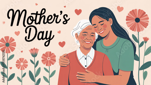 Loving woman hugs senior mother with flowers and hearts on mother's day expressing love and gratitude in a warm tender moment