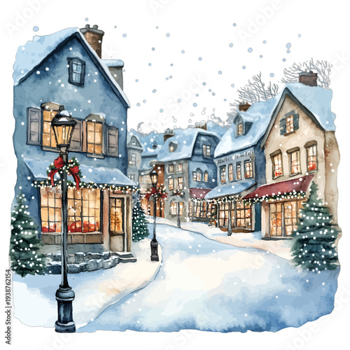 Watercolor Snowy Christmas Village Street with Lampposts and Shops
