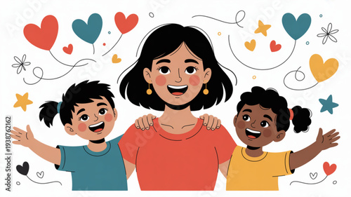 Happy mother with two children standing together surrounded by colorful hearts and stars in a joyful cartoon illustration