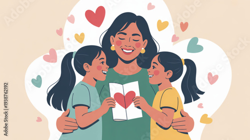 Smiling mother and daughters sharing love heart card family bonding