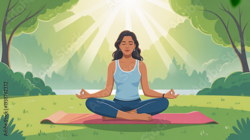 Woman practicing yoga in lotus position on pink mat outdoors in serene natural setting with sunbeams