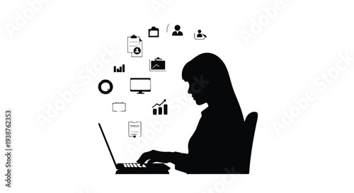 woman working on laptop with digital icons floating above