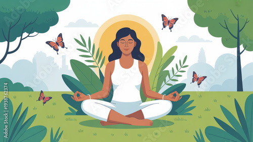 Woman meditating in serene outdoor setting with butterflies and plants yoga and mindfulness concept