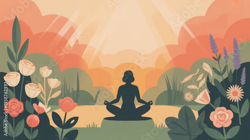 Person meditates in serene garden with vibrant flowers at sunset surrounded by lush greenery and a peaceful atmosphere