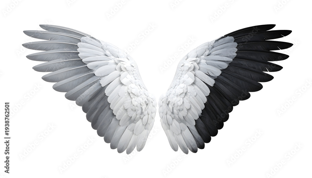 Obraz premium Duality Balance Wings Light & Dark Harmony of black and white angel wings mockup isolated on transparent background