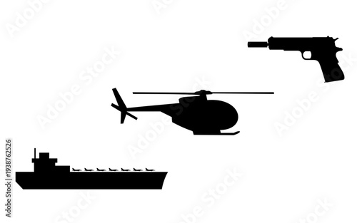 Tank silhouette isolated on white, Military aircraft carrier and equipment silhouette, Fighting tools in a war