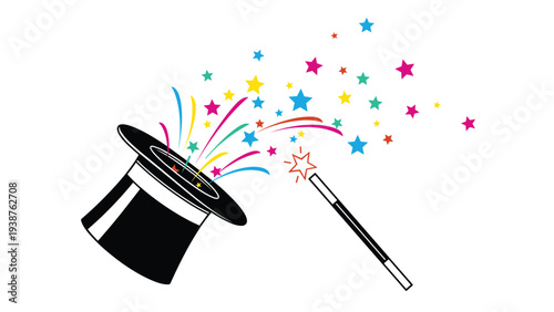 Enchanting magic hat with a wand, brilliantly exploding with colorful stars and streamers, symbolizing illusion, celebration, wonder, and entertainment.