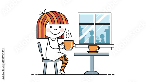 Happy stick figure girl with striped hair, enjoying a warm drink while sitting by a window, observing a silhouette scene, symbolizing relaxation and comfort.