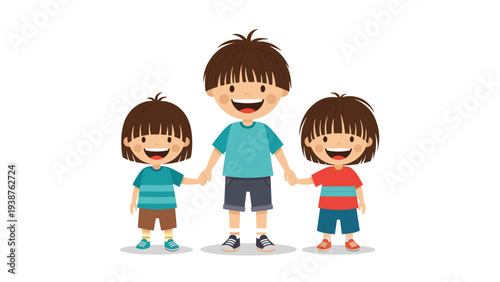 Three cheerful cartoon siblings, two boys and one girl with matching hairstyles, happily holding hands, symbolizing strong family bonds and unity.