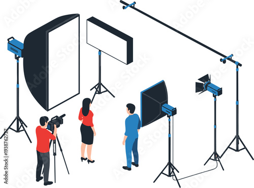 Professional photography studio setup with lighting equipment, camera crew and models, modern production environment, creative photo shoot scene with softboxes, reflectors and tripod gear