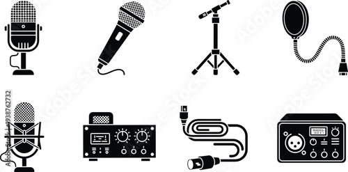 Professional Audio Equipment Icons Set Featuring Microphones, Telescope, Pop Filter, Amplifier, Cables and Power Supply Isolated on White Background for Studio Recording