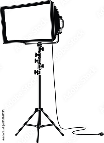 Professional studio LED light panel on tripod stand isolated on white background, photography lighting equipment for video production, filming, broadcasting and content creation