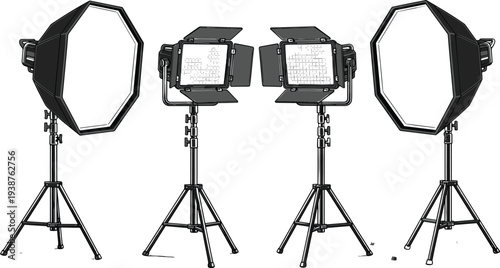 Professional studio lighting equipment set with softbox and LED panel lights on stands for photography videography production setup isolated vector illustration collection