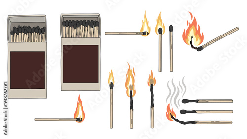 Detailed collection of matchsticks and matchboxes, illustrating various stages of burning from ignition to burnt out, symbolizing fire and light.