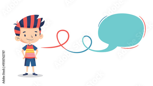 Happy cartoon boy with vibrant striped hair, cheerfully communicating with a playful blue speech bubble connected by a swirling red and blue line.