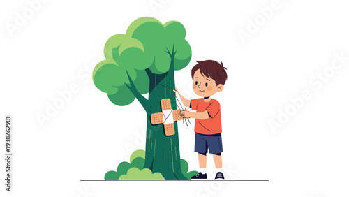Kind boy carefully placing multiple bandages onto a tree trunk, symbolizing care, healing, and protection for nature and the environment.