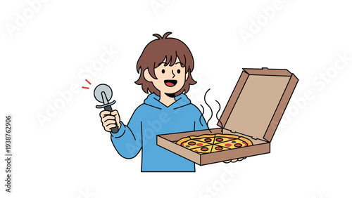 Joyful person happily holding a pizza cutter and an open pizza box with a delicious, hot pizza, ready to enjoy a tasty meal.