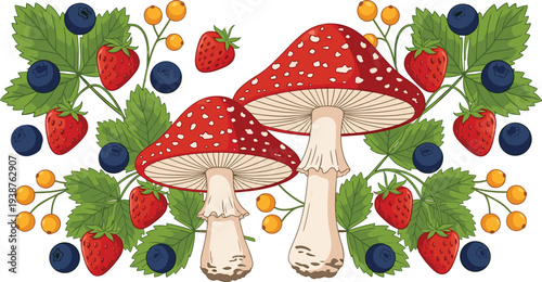 Red amanita mushrooms with wild berries and green leaves illustration, forest nature composition, botanical design, edible plants concept, decorative vector for packaging and prints