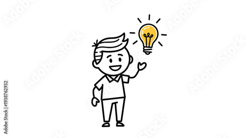 Simple stick figure boy with a bright, glowing lightbulb above his head, symbolizing a sudden idea, innovation, or creative thought.